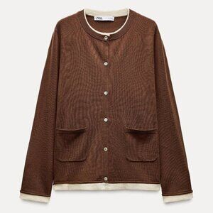 NWT Zara Contrast Trim Knit Cardigan Sweater Brown Long Sleeve Size Medium
